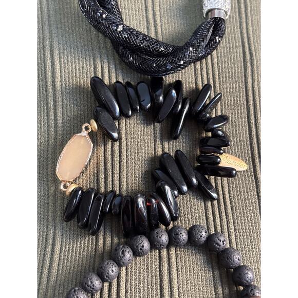 Plunder 3 Bracelets Black Elastic Beaded Charm Stackable BOHO Glam Layered - Picture 6 of 8